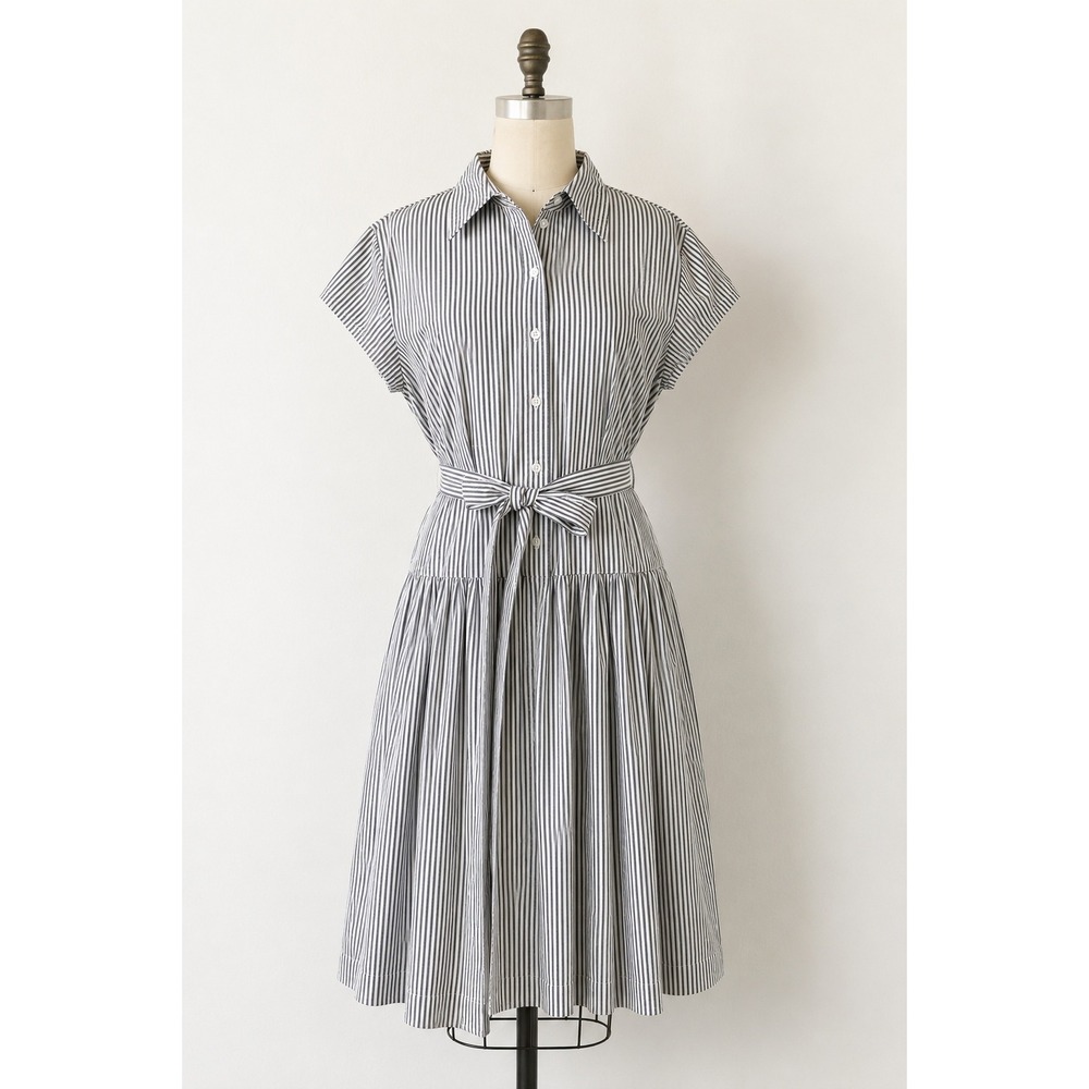 Norma Kamali Cotton Drop Waist Shirt Dress XL Vintage Gray White Ticking Stripe
